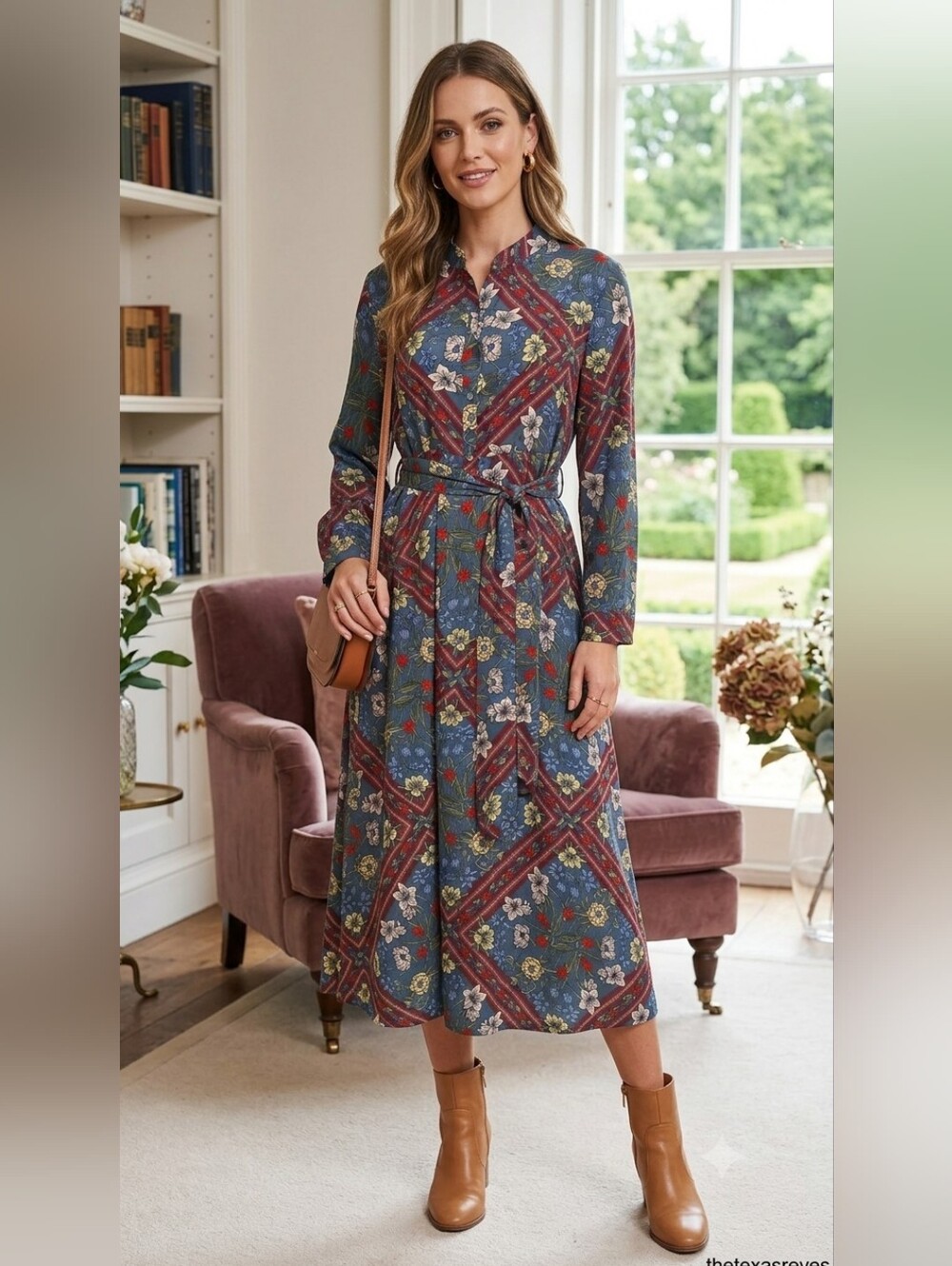 PIETRO BRUNELLI Milano Italian Floral Print Midi Shirt Dress Tie Belt Sz Small